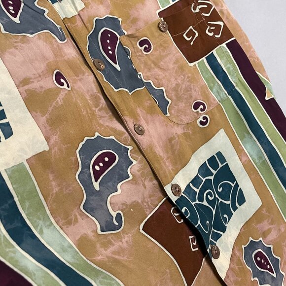 Vintage Batik Shirt Men Paisley Abstract Button-Up Rayon Short Sleeve Size Large - Picture 9 of 12